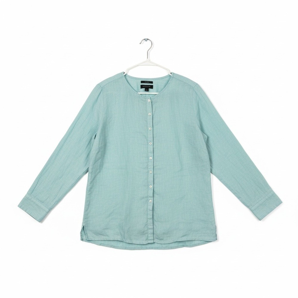 Tahari 100% Linen Button Front Blouse 2X Mint/Teal Green Relaxed Lagenlook Top